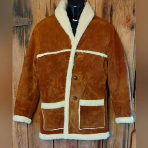 Vintage Simco Cowboy Coat Genuine Leather Sz 40 Pile Lining Tan Button Down West